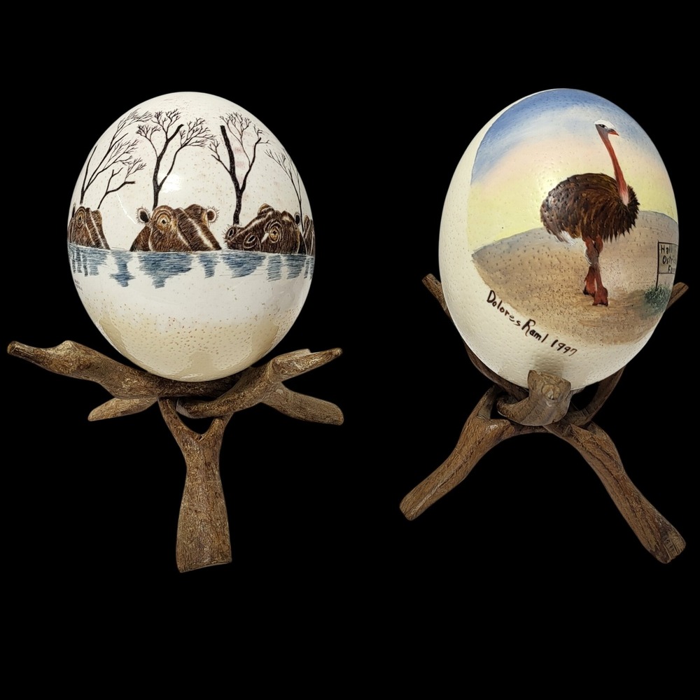VTG Hand Painted Ostrich Egg Art Hippo Ostrich African Safari Decor with Stands